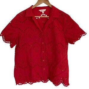 Adiva Womens Red‎ Eyelet Short Sleeve Button-Up Blouse Size XL Classic Feminine